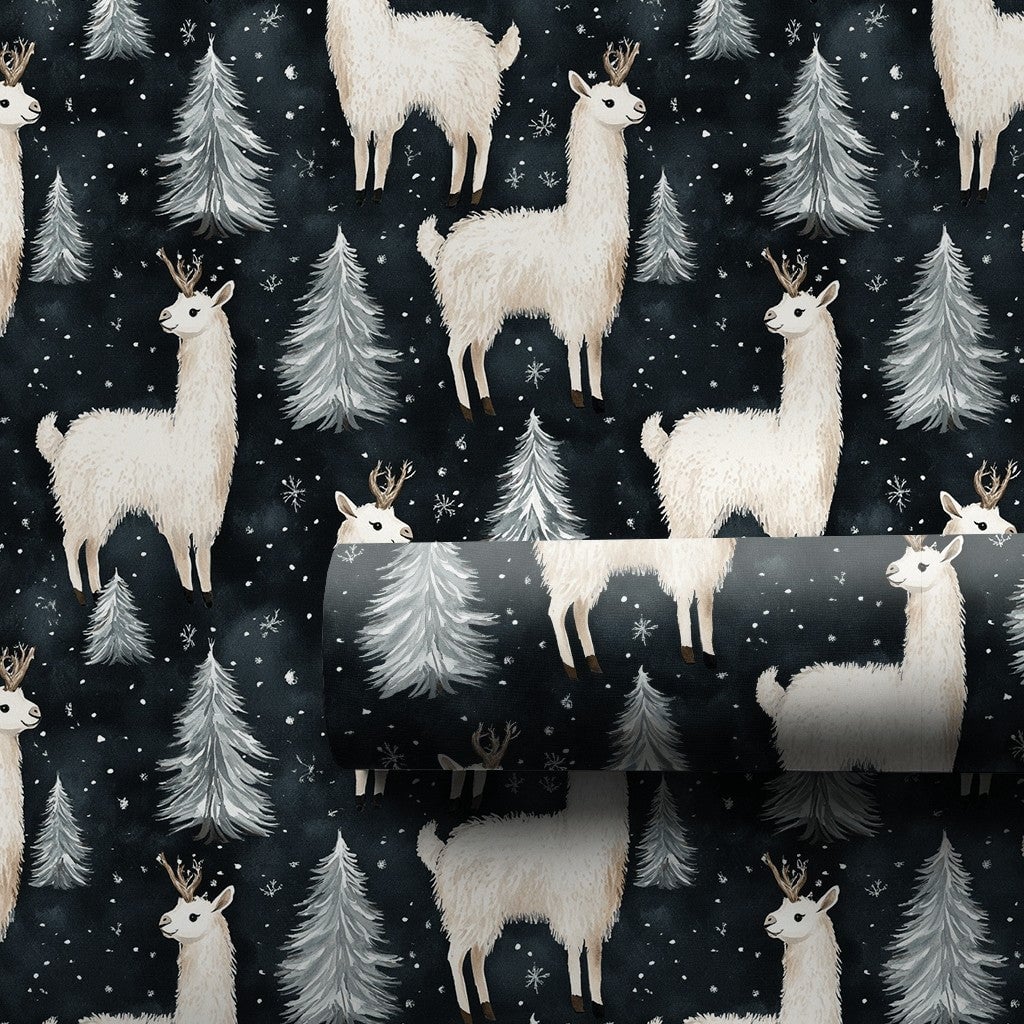 Navy Winter Forest Gift Wrap, Llama Reindeer Wrapping Paper, Snowy Pine Tree Wrapping Paper, Christmas Holiday Paper