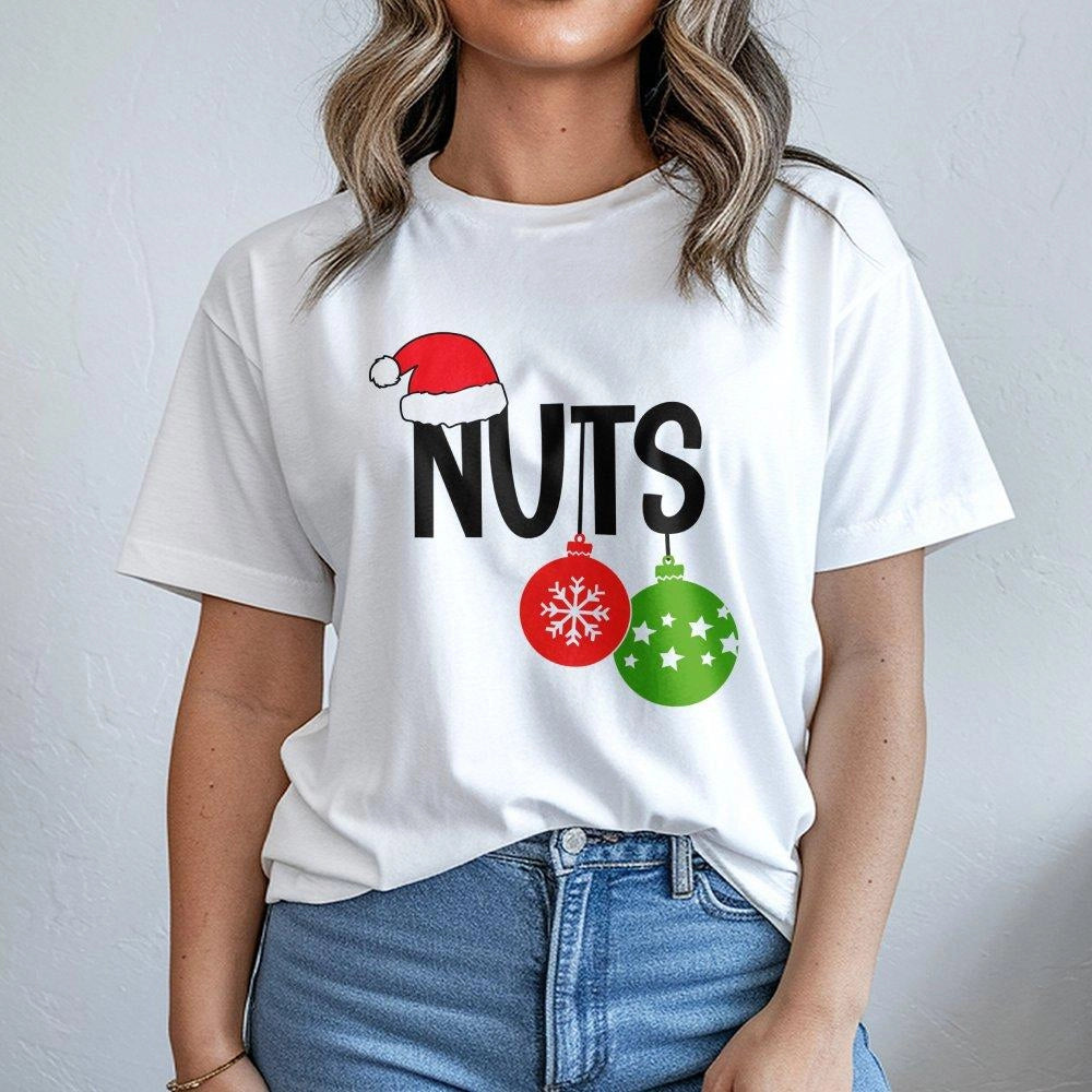 Humorous Holiday Couple Matching Ornament Shirt, Christmas Nuts T-Shirt, Retro Dirty Santa Joke Graphic Tee, Adult Xmas Humor