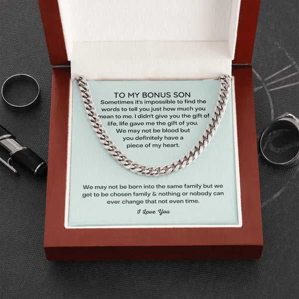 Cuban Link Chain Necklace with Message Card, Bonus Son Necklace Present, Polished Stainless Steel Chain, Step Son Birthday Ch