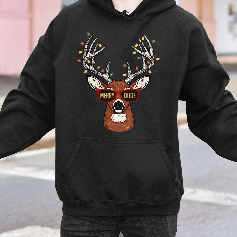 Humorous Christmas Deer Hoodie, Merry Dude Reindeer Hoodie, Xmas Lights Reindeer Graphic Hoodie, Holiday Season Pullover, Win