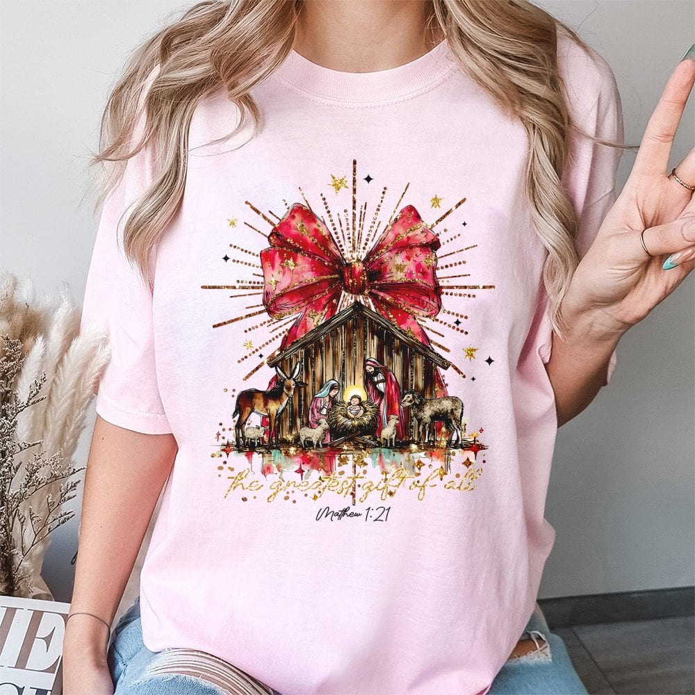 The Greatest Present of All Christian Graphic Tee, Nativity Scene T-Shirt, Jesus Holy Night Shirt, Religious Christmas Holida