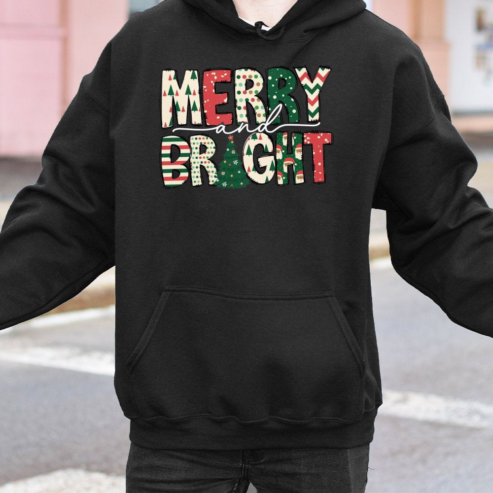 Christmas Pattern Sweatshirt, Merry and Bright Hoodie, Adorable Xmas Holiday Pullover Hoodie, Comfy Winter Graphic Hooded Swe