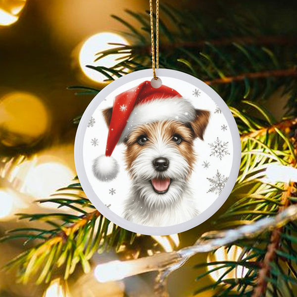 Santa Hat JRT Dog Ornament, Jack Russell Terrier Christmas Ornament, Ceramic Pet Holiday Tree Keepsake, Terrier Lover Xmas Pr