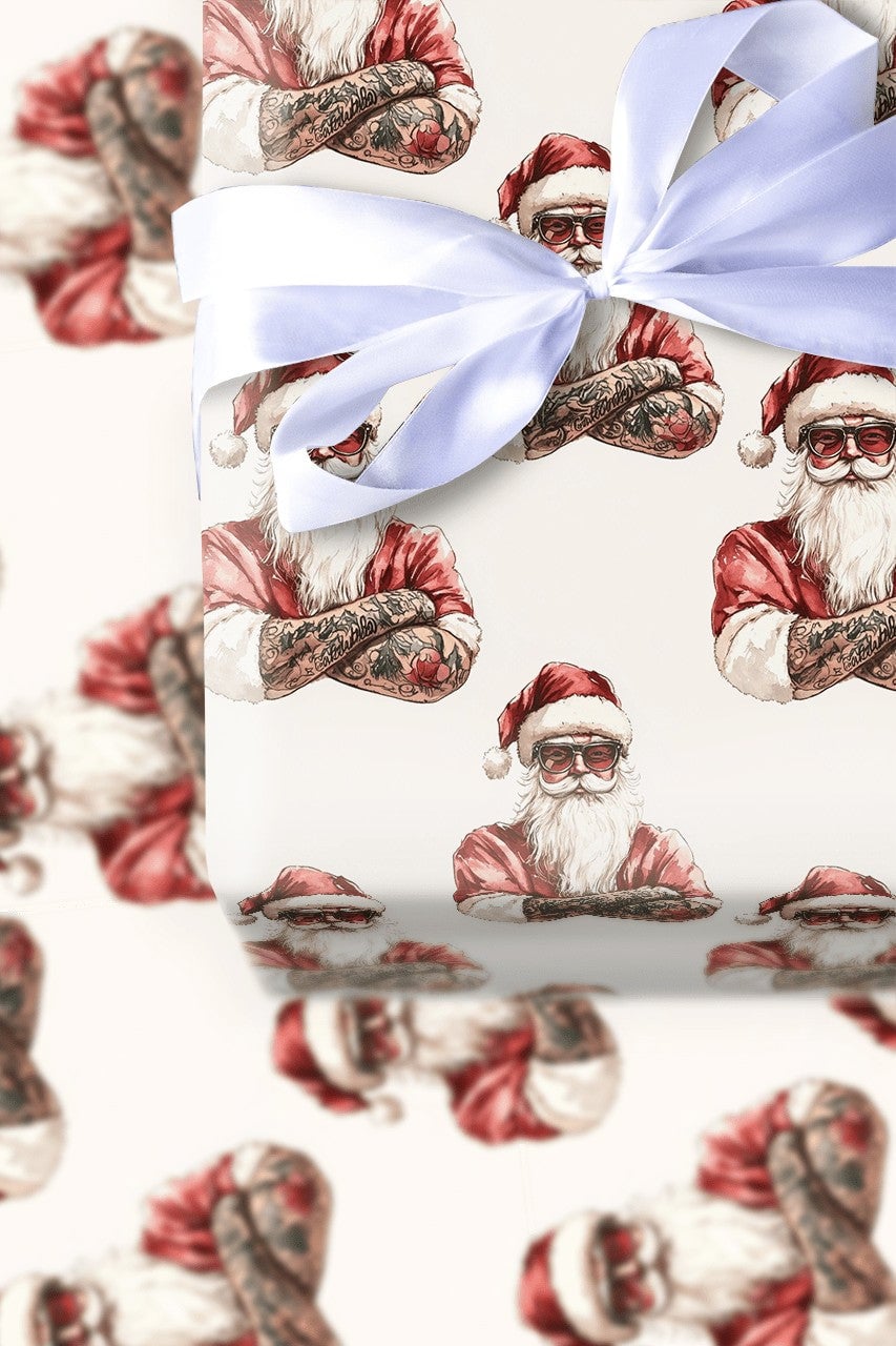 Tattooed Santa Christmas Wrapping Paper, Cool Sunglasses Santa Wrapping Paper, Edgy Holiday Gift Wrap, Fun Xmas Gift Wrapping