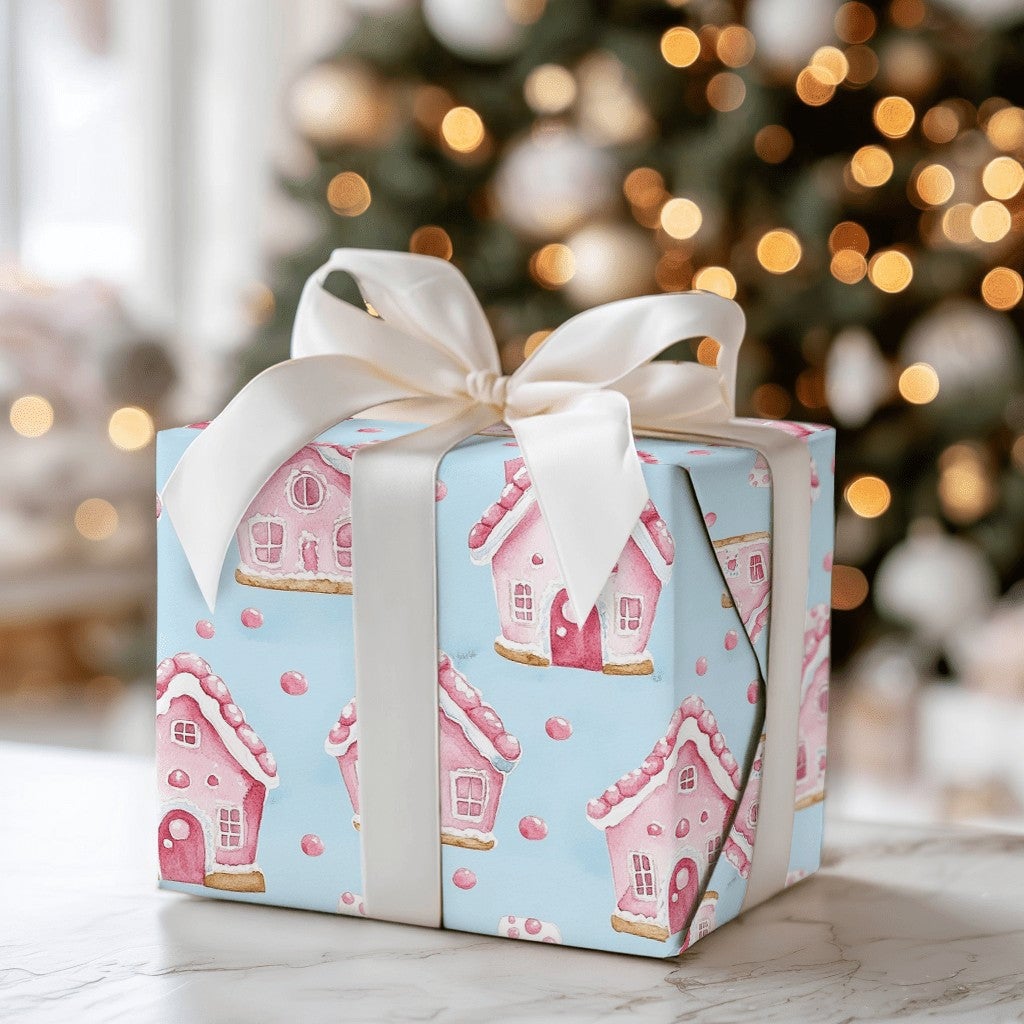 Pastel Christmas Wrapping Paper, Pink Gingerbread House Wrapping Paper, Watercolor Holiday Gift Wrap, Adorable Winter Present
