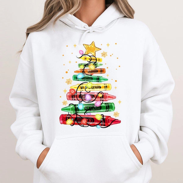 Art Teacher Holiday Hooded Sweatshirt, Christmas Crayon Tree Hoodie, Colorful Educator Xmas Hoodie, School Teacher Graphic Pu
