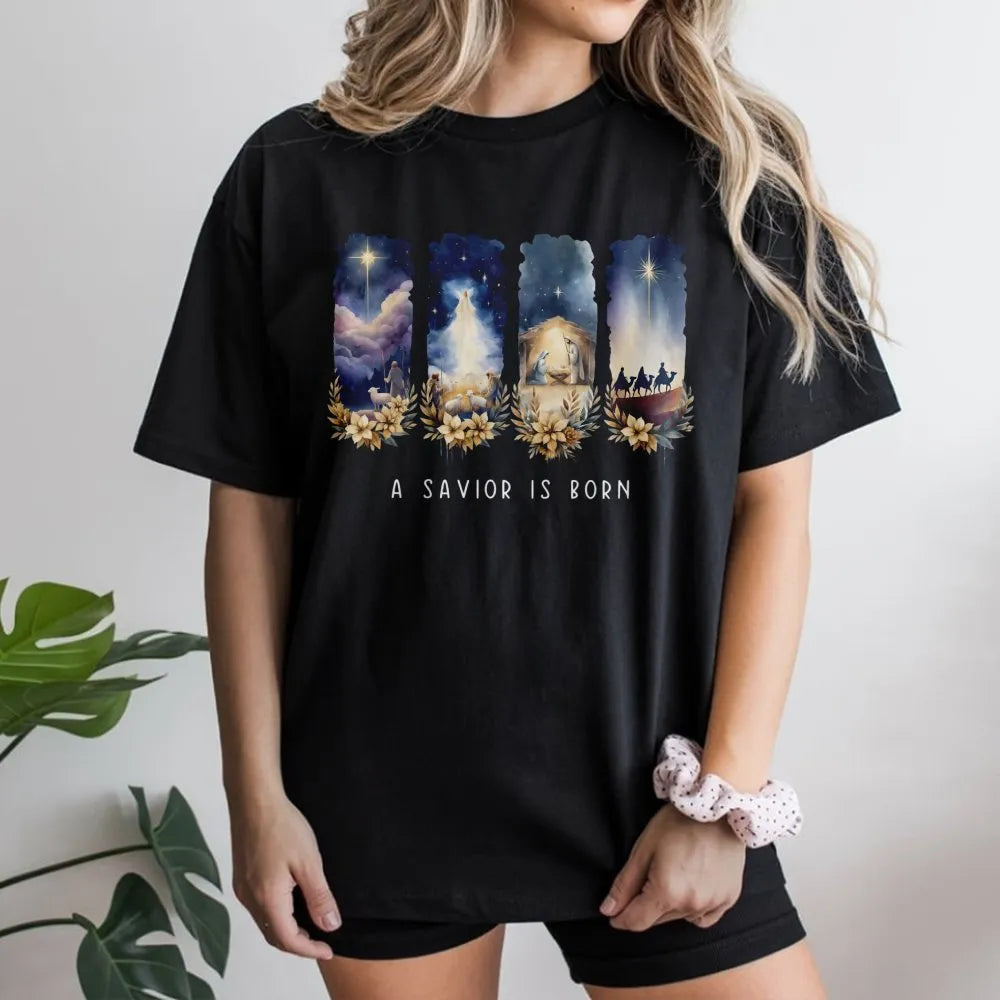Watercolor Nativity Christmas Shirt, A Savior Is Born T-Shirt, Christian Holiday Graphic Tee, Religious Xmas T-Shirt, Faith P