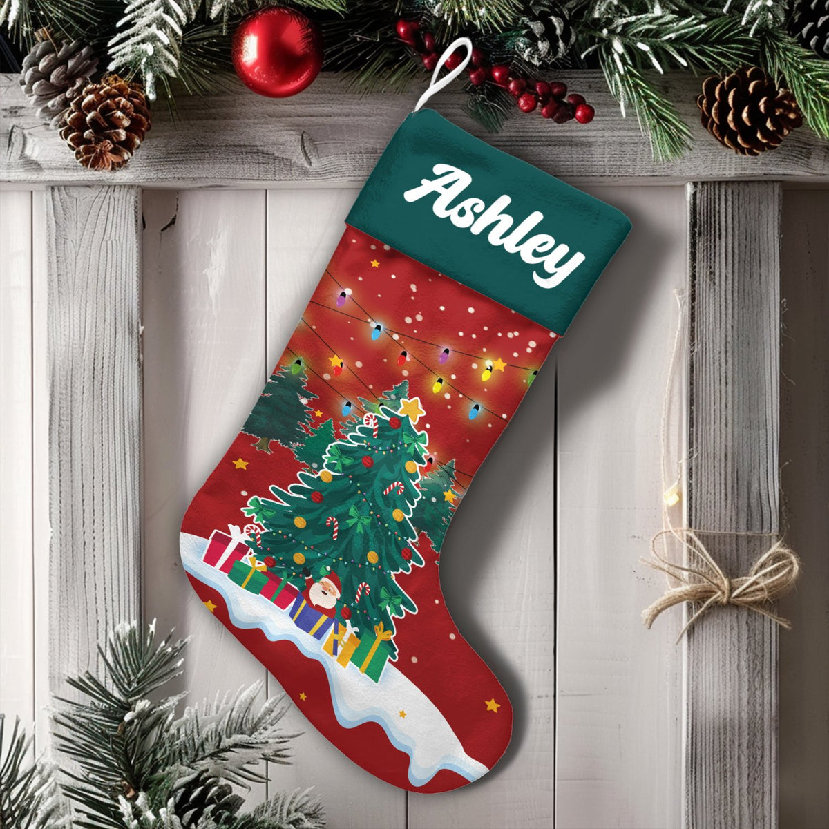 Custom Name Holiday Stocking, Personalized Santa Christmas Stocking, Christmas Tree Mantle Decor, Velboa Velvet Stocking, Fam