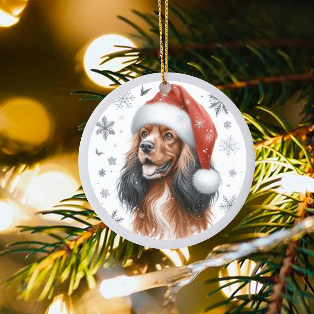 Dog in Santa Hat Ceramic Ornament, Cocker Spaniel Christmas Ornament, Festive Puppy Tree Decoration, Holiday Dog Lover Keepsa
