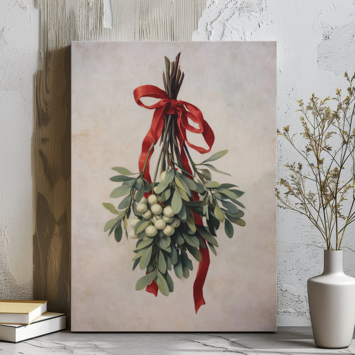 Christmas Botanical Print with Red Ribbon, Vintage Mistletoe Wall Art, Festive Holiday Poster, Digital Download Winter Wall D