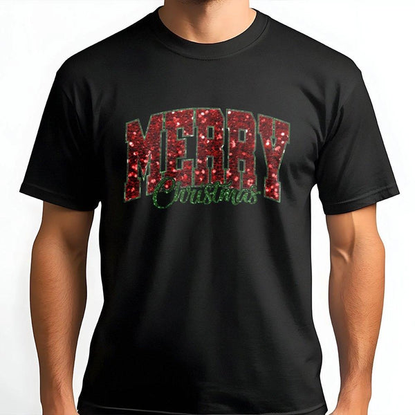 Sparkly Red Lettering Graphic Tee, Merry Christmas T-Shirt, Festive Holiday Season Shirt, Simple Retro Merry Christmas T-Shir