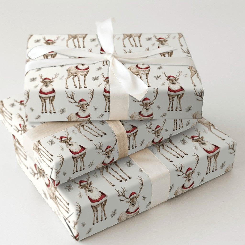 Santa Hat Reindeer Gift Wrap, Watercolor Reindeer Wrapping Paper, Festive Reindeer Christmas Paper Roll, Holiday Gift Wrappin