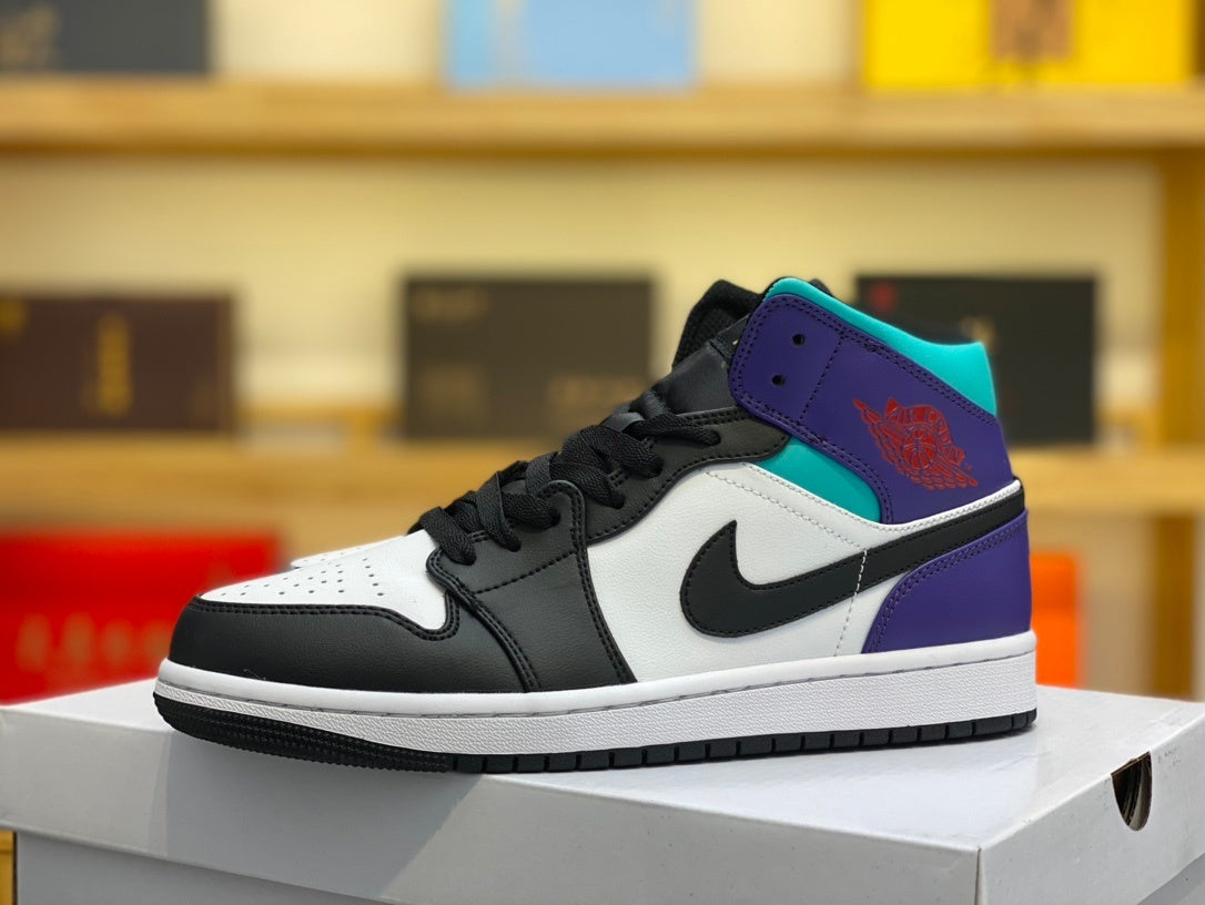 Mid Top Sneakers, White Black Purple Colorway, Lace Up Design, Casual Gift for Sneaker Fans