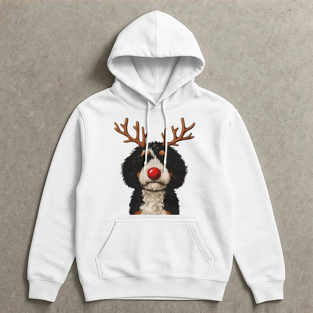 Reindeer Dog Holiday Hoodie, Bernadoodle Christmas Hoodie, Bernedoodle Sweatshirt, Adorable Dog Lover Graphic Hoodie, Present
