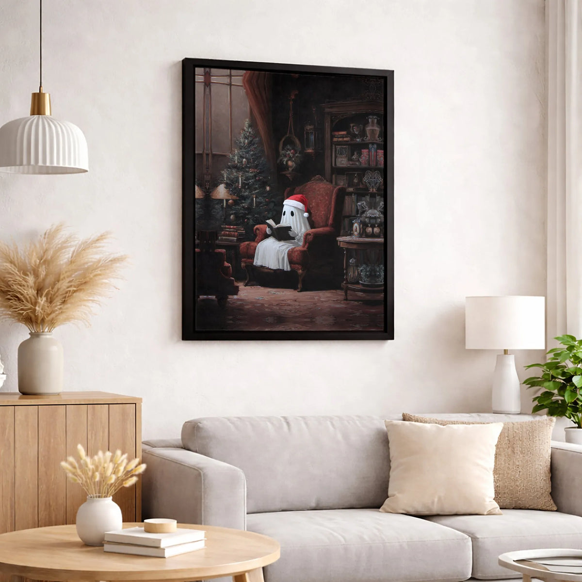 Adorable Santa Hat Ghost Wall Art, Christmas Ghost Reading Book Canvas, Comfy Holiday Canvas Print, Spooky Xmas Wall Art, Boo