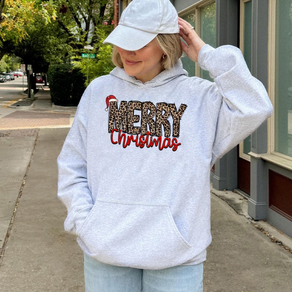 Festive Holiday Hooded Sweatshirt, Merry Christmas Leopard Santa Hoodie, Adorable Xmas Graphic Hoodie, Leopard Santa Pullover