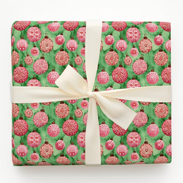 Pink Red Christmas Wrapping Paper, Watercolor Ornament Wrapping Paper, Vintage Bauble Holiday Gift Wrap, Festive Green Paper,
