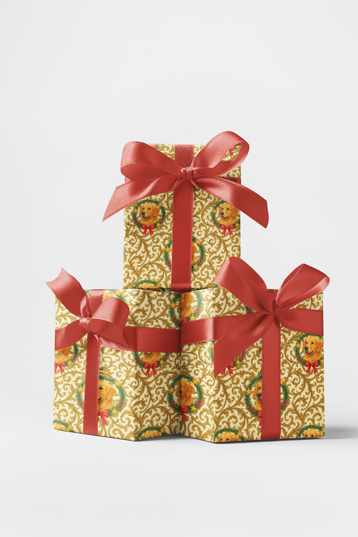 Festive Holiday Wreath Gift Wrap, Golden Retriever Wrapping Paper, Gold Filigree Christmas Wrapping Paper, Dog Lover Gift Wra