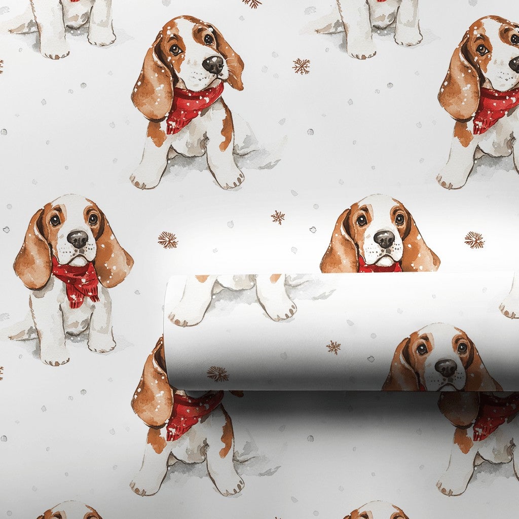 Puppy in Snow Holiday Gift Wrap Roll, Basset Hound Christmas Wrapping Paper, Winter Dog Xmas Wrapping Paper, Dog Lover Holida