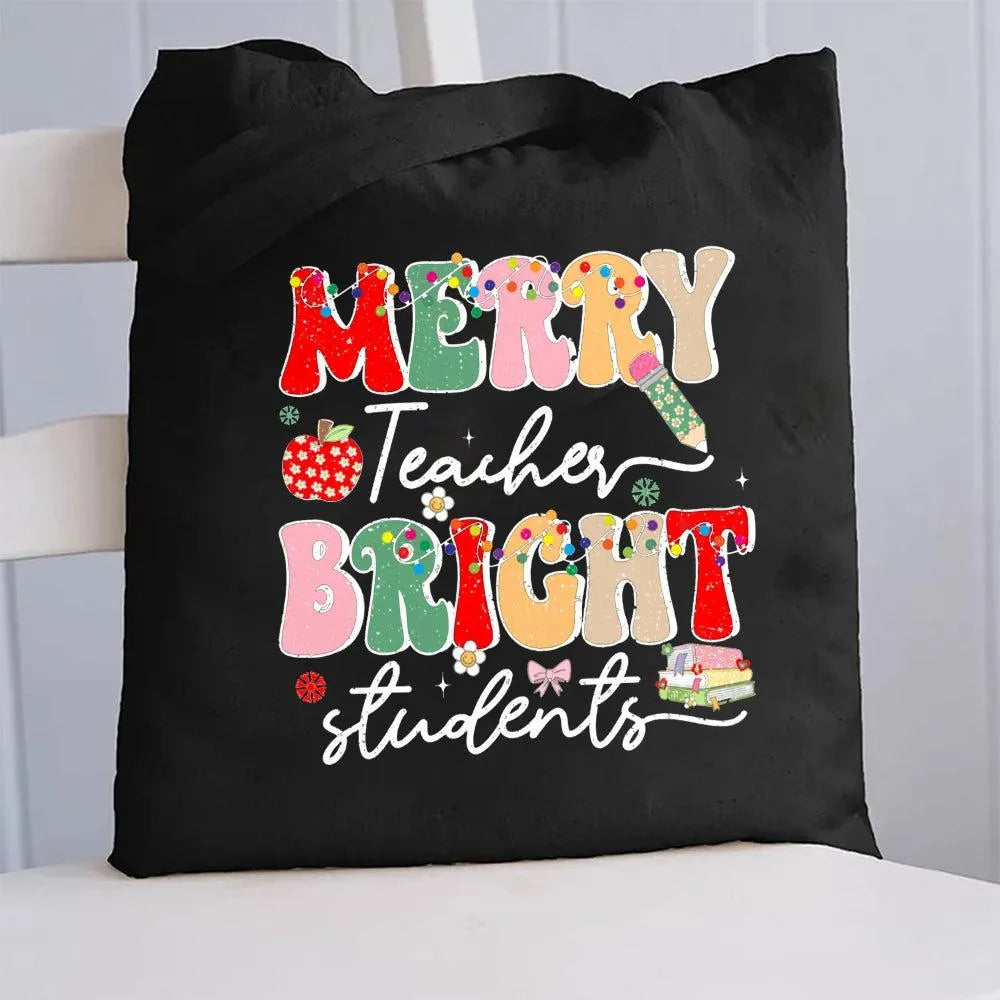 Holiday Teacher Tote Bag, Merry Teacher Bright Students Christmas Canvas Tote Bag, Festive School Book Bag, Xmas Present Tote