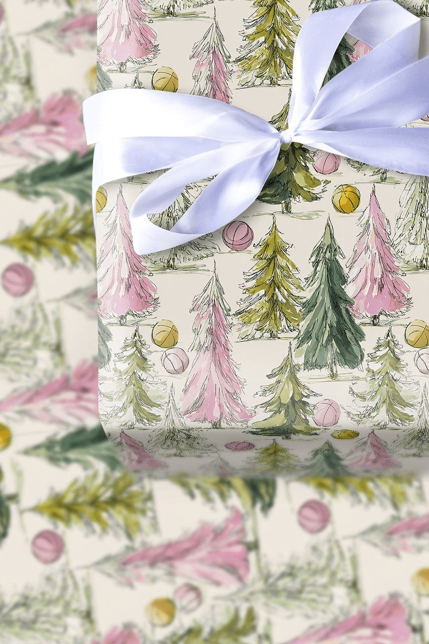 Watercolor Tree Gift Wrap, Pink and Green Christmas Trees Wrapping Paper, Whimsical Holiday Wrapping Paper, Pastel Christmas 