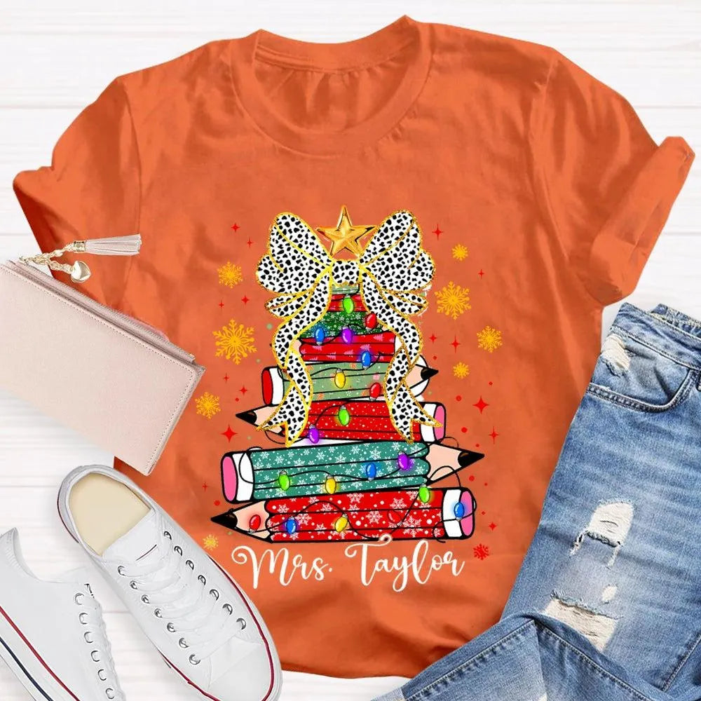Custom Name Pencil Snowflake Tee, Personalized Teacher Christmas Tree Shirt, Holiday Teacher T-Shirt, Christmas Teacher Prese