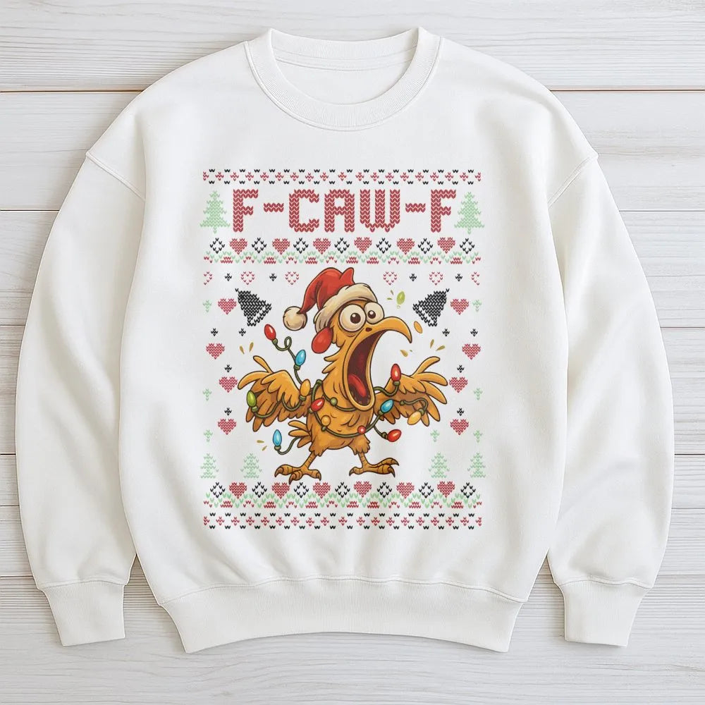 Humorous Rooster Chicken Holiday Sweater, F-Caw-F Ugly Christmas Sweatshirt, Sarcastic Poultry Farmer Xmas Pullover, Joke Pre