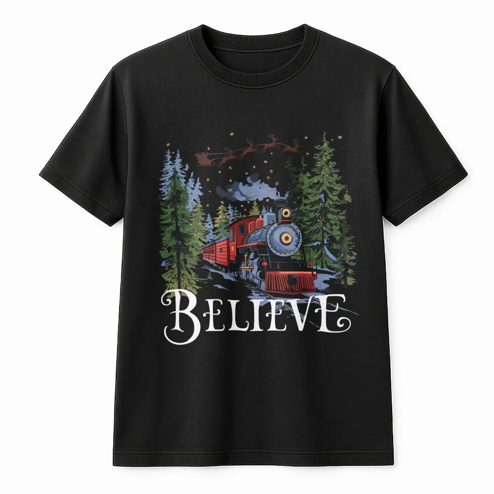 Retro Winter Holiday T-Shirt, Believe Christmas Train Shirt, Vintage Magic Forest Graphic Tee, Festive Xmas Express Train Lov