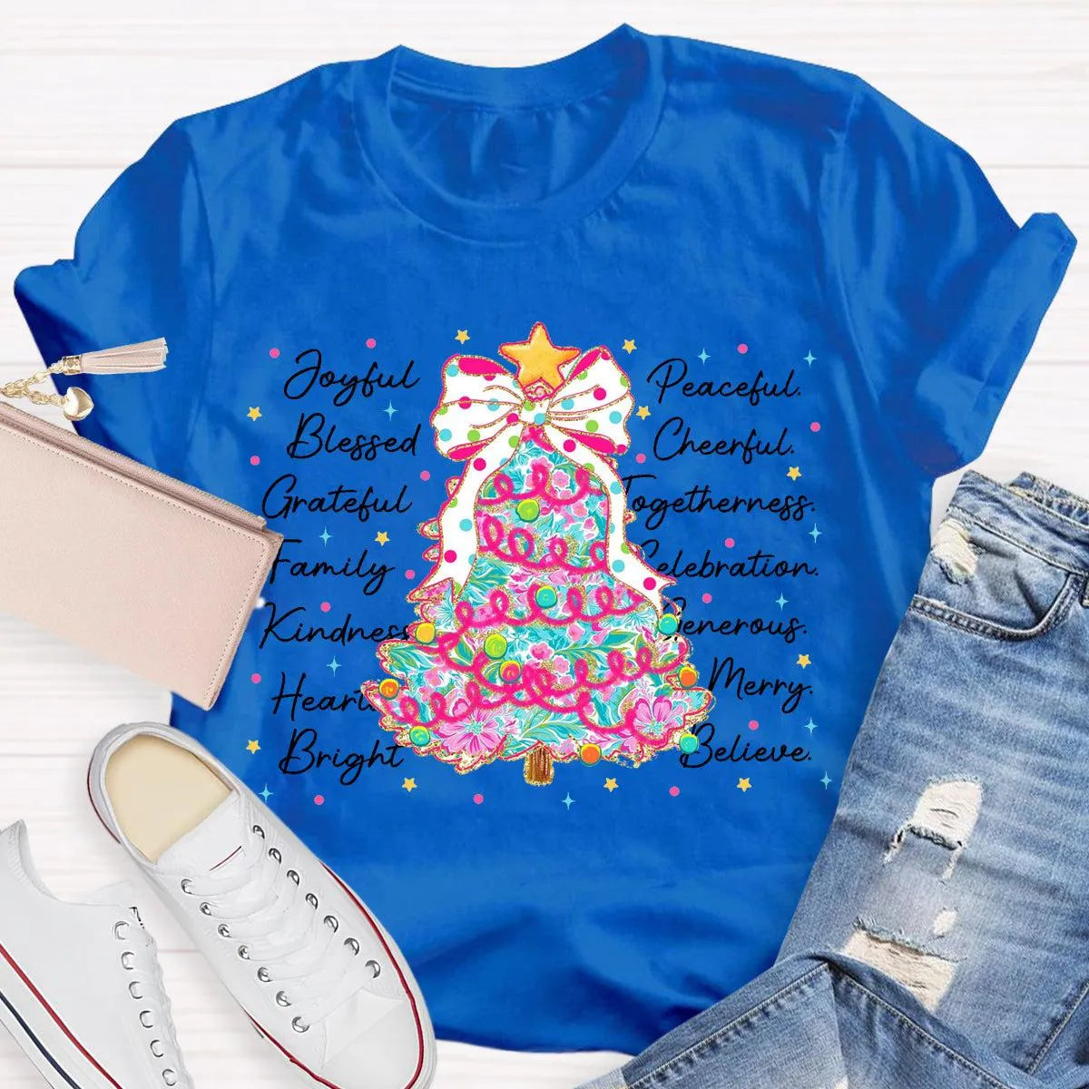 Aesthetic Holiday Graphic Tee, Joyful Peaceful Cheerful Christmas Tree T-Shirt, Retro Xmas Tree Shirt, Festive Winter Holiday