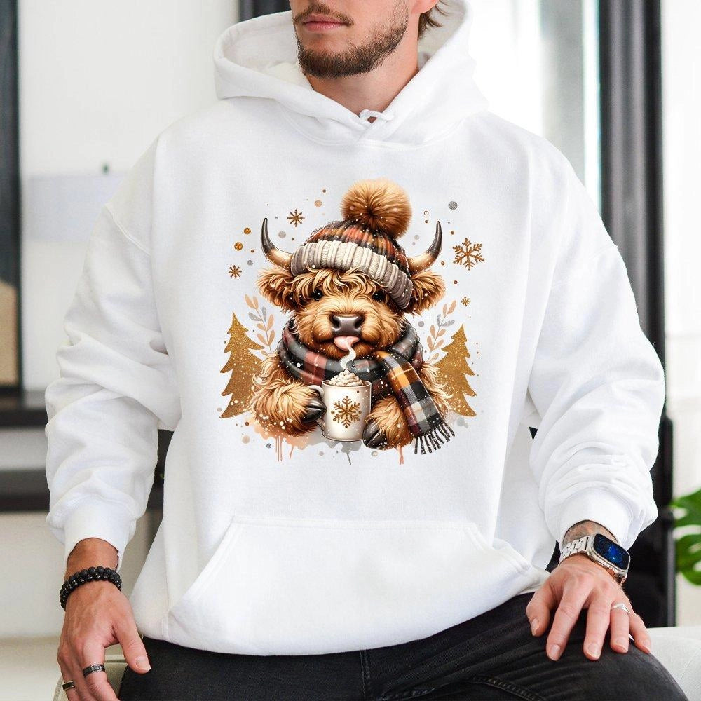 Festive Winter Animal Sweatshirt, Highland Cow Christmas Hoodie, Adorable Holiday Cow Hoodie, Comfy Farmhouse Xmas Pullover, 