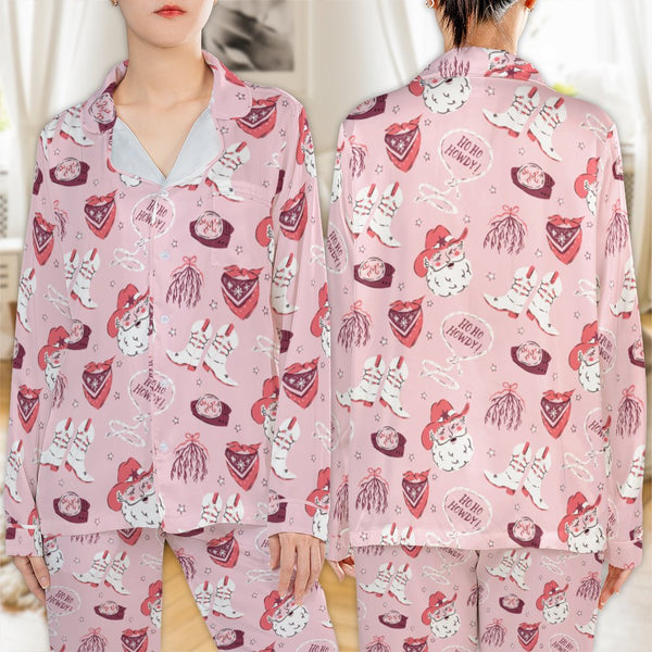 Western Santa Satin Pajama Set, Ho Ho Howdy Christmas Cowgirl Pajamas, Retro Country Holiday Pajama Set, Cowboy Loungewear, P
