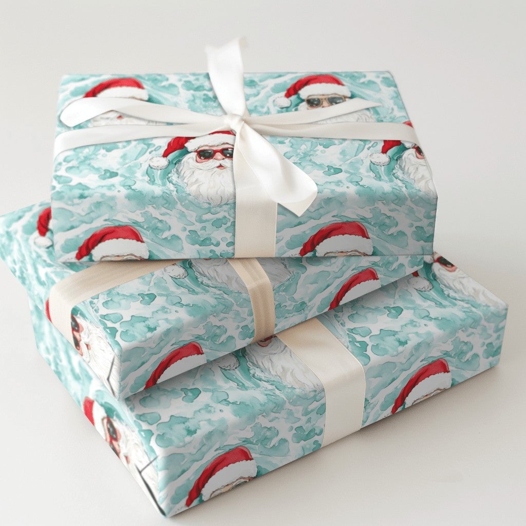 Sunglasses Santa Christmas Gift Wrap, Cool Santa Wrapping Paper, Tropical Holiday Present Paper