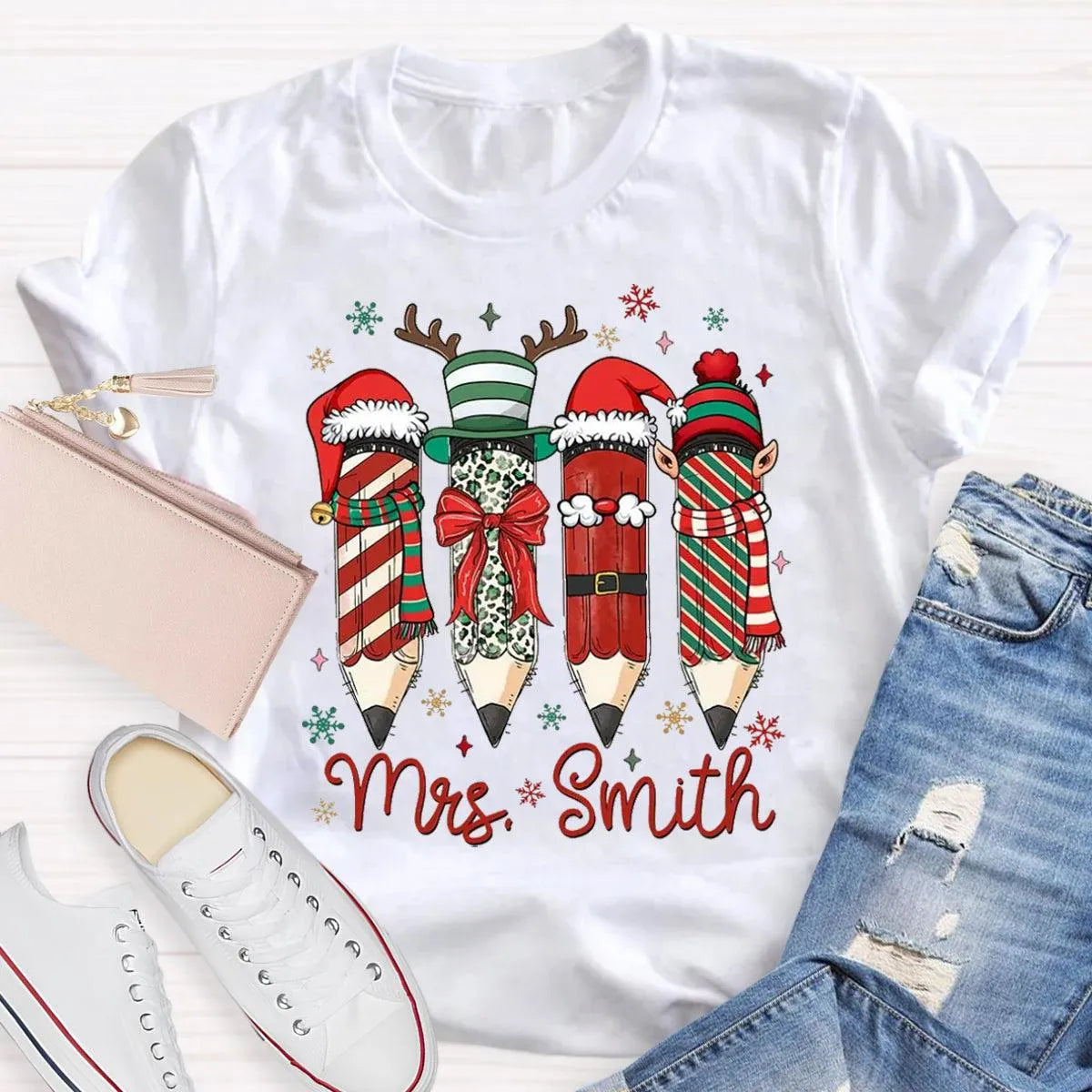 Adorable Pencil Holiday T-Shirt, Personalized Teacher Christmas Shirt, Custom Teacher Tee, Festive School Graphic Shirt, Holi