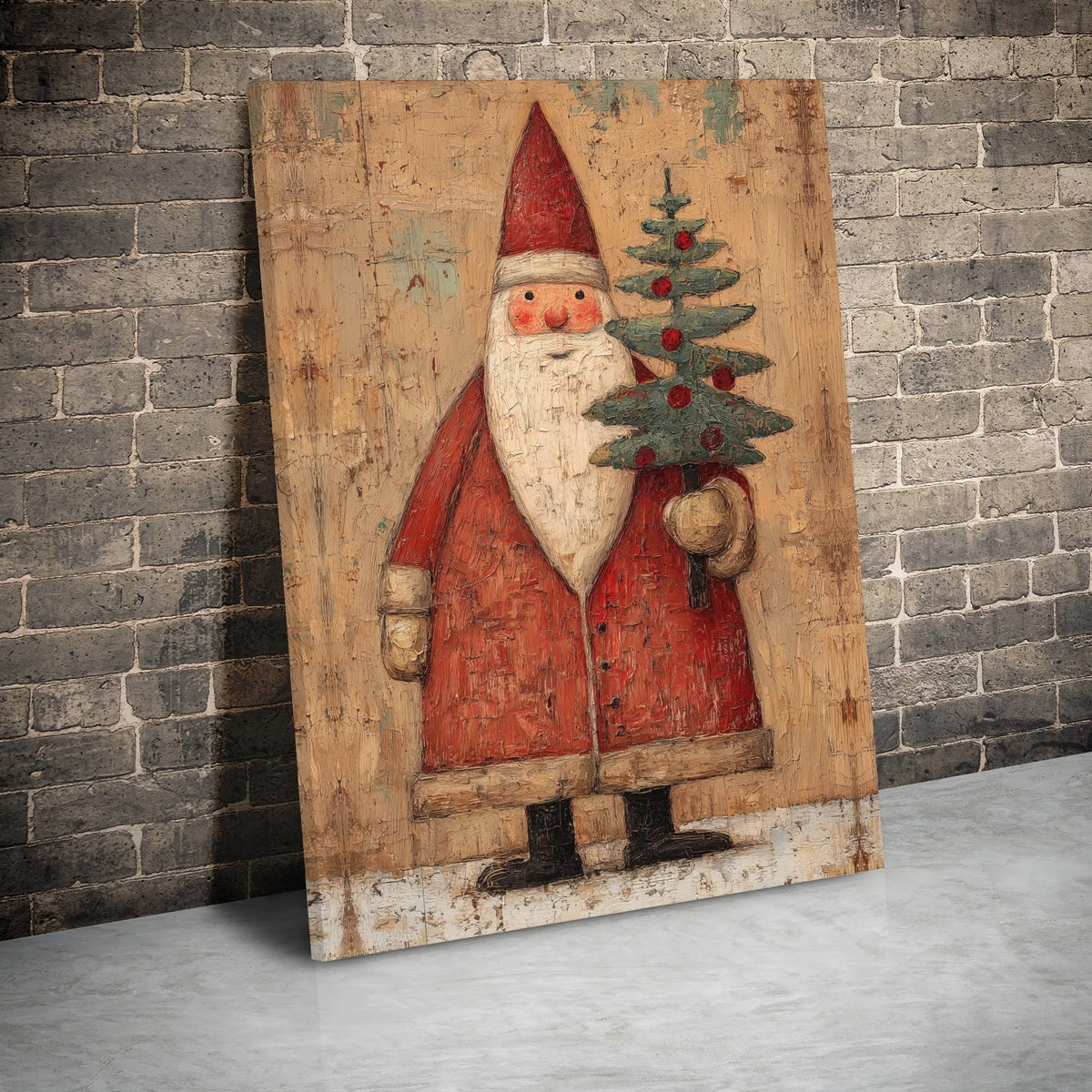 Rustic Santa Canvas Print, Vintage Santa Claus Canvas Art, Christmas Tree Canvas Wall Art, Traditional Holiday Wall Decor, Wi