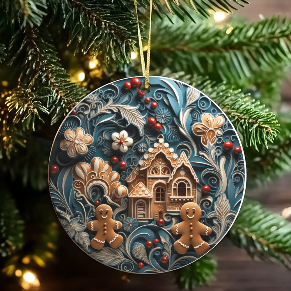 Winter Wonderland Holiday Ornament, Gingerbread House Christmas Ornament, Glossy Ceramic Tree Ornament, Adorable Keepsake, Xm
