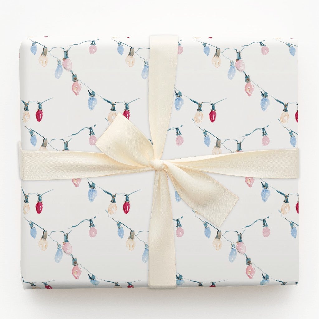 Pastel Holiday String Light Gift Wrap, Watercolor Christmas Lights Wrapping Paper, Festive Xmas Paper, Winter Present Wrappin