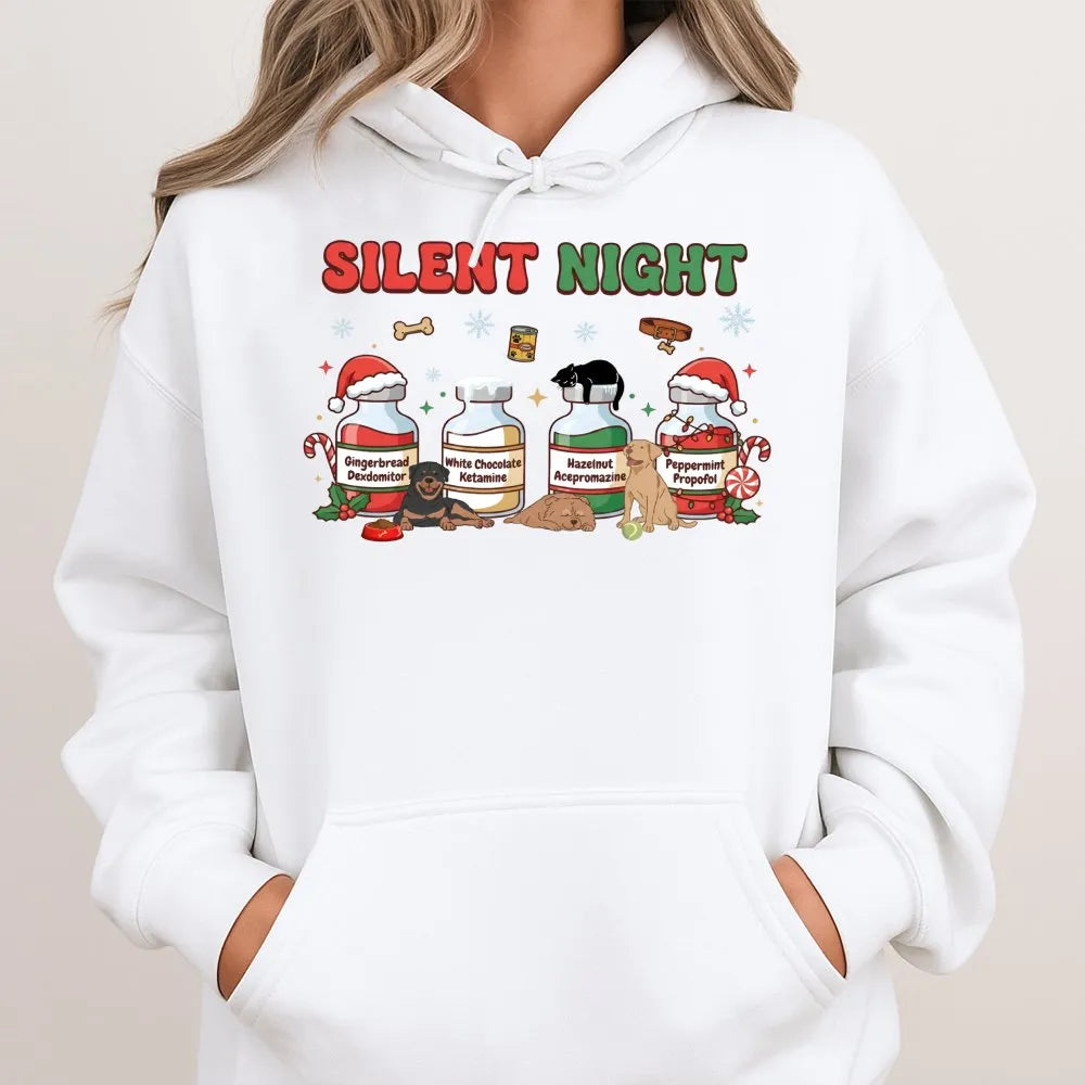 Veterinary Christmas Hoodie, Silent Night Vet Med Hoodie, Vet Tech Hooded Sweatshirt, Humorous Vet Student Pullover Hoodie, X