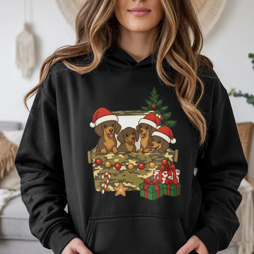Adorable Wiener Dog Puppy Holiday Hoodie, Dachshund Christmas Hoodie, Retro Xmas Pet Lover Hoodie, Dog Mom Winter Sweatshirt,