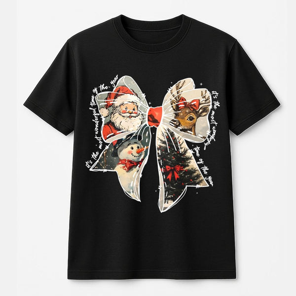 Vintage Santa Reindeer T-Shirt, Christmas Coquette Bow Shirt, Adorable Holiday Graphic Tee, Retro Xmas Bow Shirt, Womens Holi