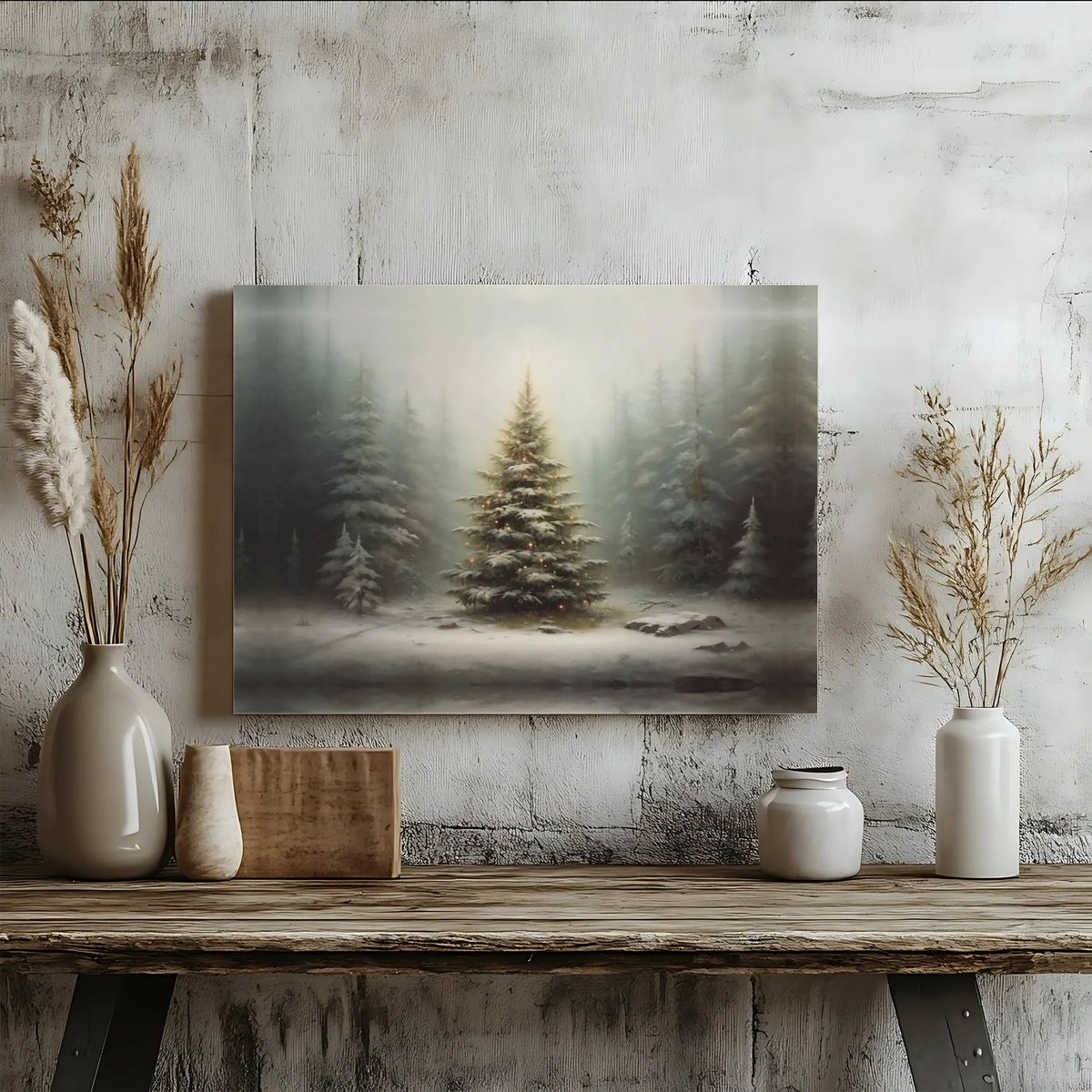 Illuminated Holiday Landscape Wall Decor, Snowy Winter Forest Christmas Tree Canvas Art, Comfy Winter Canvas Print, Christmas