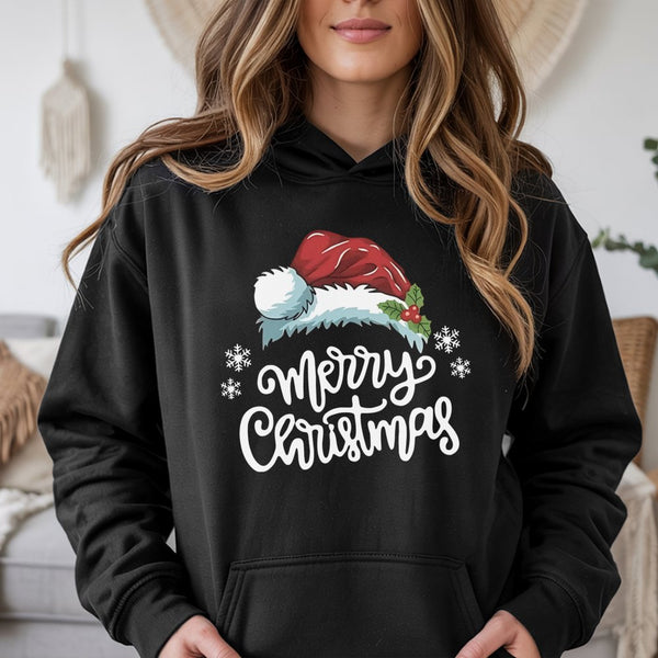Santa Hat and Holly Berry Hooded Sweatshirt, Merry Christmas Hoodie, Comfy Winter Holiday Hoodie, Festive Christmas Season Pu