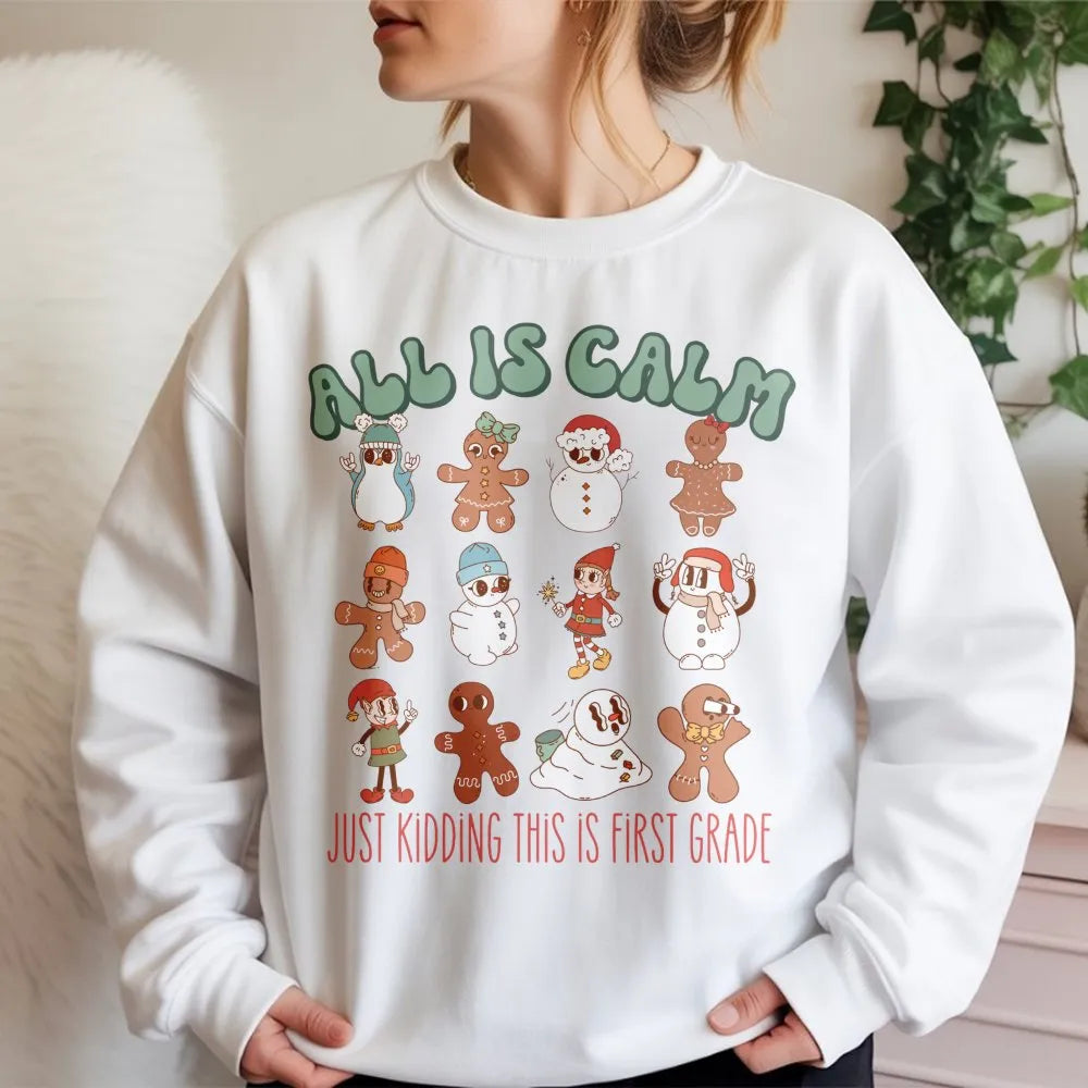 Retro Gingerbread Christmas Sweatshirt, First Grade Teacher Sweatshirt, School Staff Holiday Crewneck, 1st Grade Teacher Holi