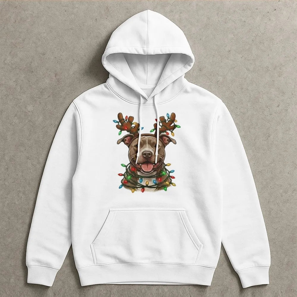 Reindeer Antler Dog Hoodie, Pitbull Christmas Hoodie, Pitbull Holiday Lights Sweatshirt, Festive Dog Mom Pullover, Dog Lover 