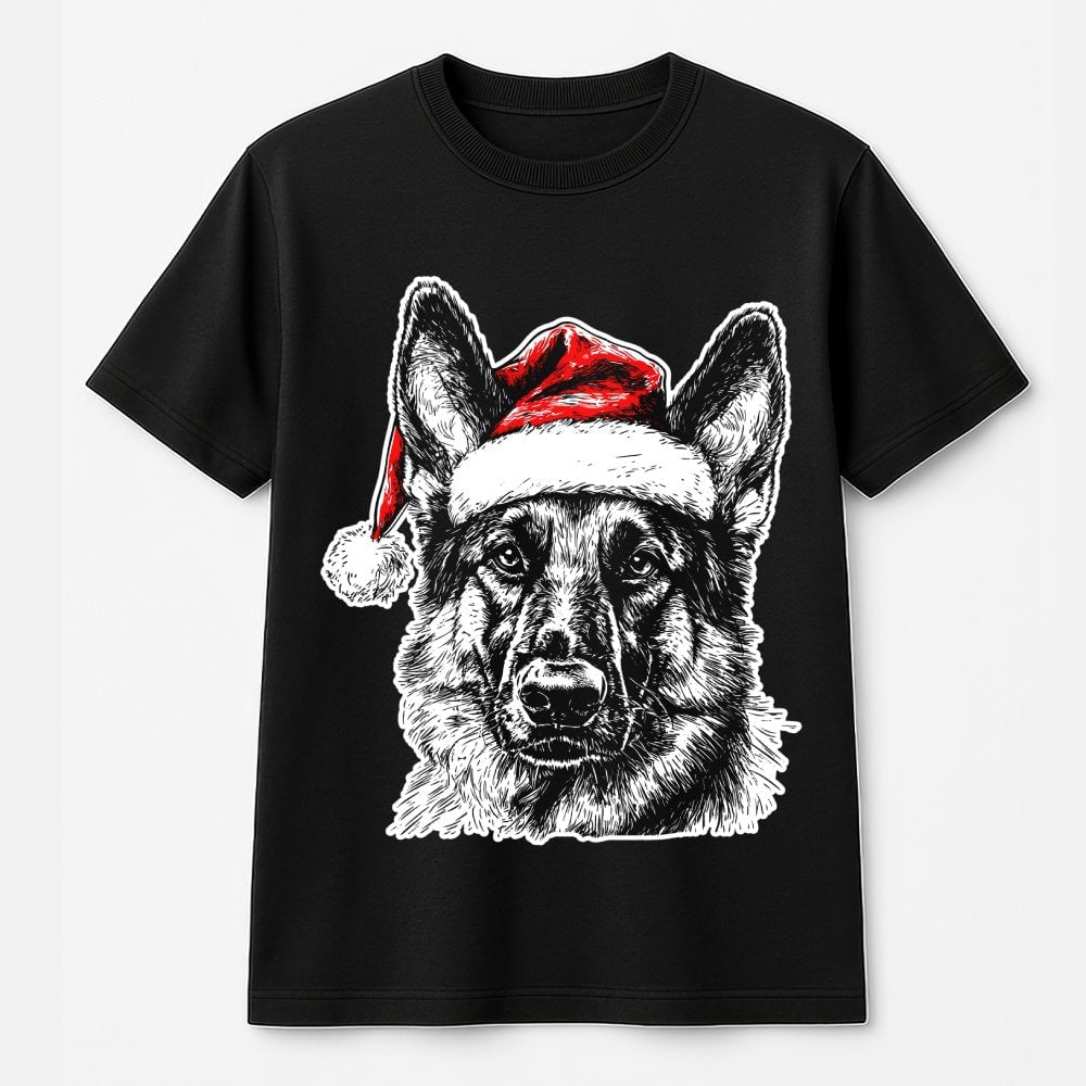 Santa Hat Dog Graphic Tee, German Shepherd Christmas T-Shirt, Festive German Shepherd Shirt, Adorable Dog Lover Holiday T-Shi