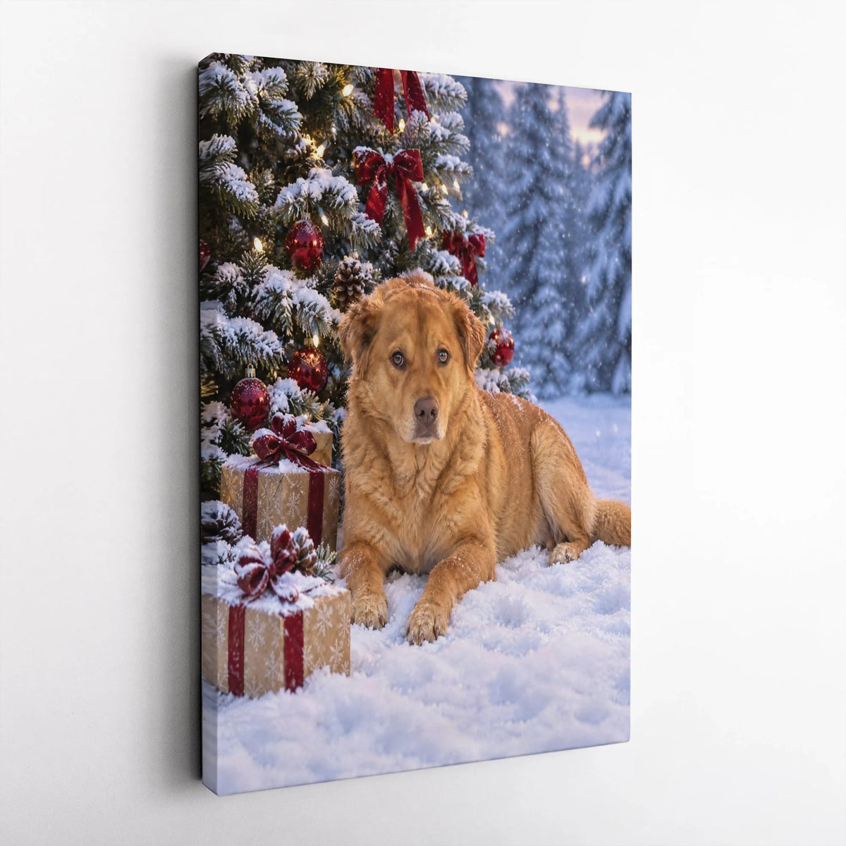 Holiday Dog Wall Art, Golden Retriever Christmas Canvas, Snowy Christmas Tree Dog Print, Festive Pet Lover Canvas Art, Winter