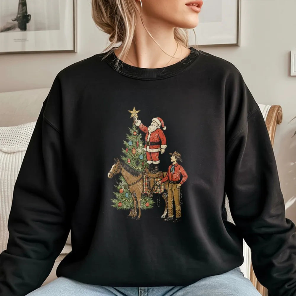 Christmas Horse Graphic Crewneck, Western Cowboy Santa Sweatshirt, Retro Country Holiday Sweater, Western Rodeo Pullover, Xma