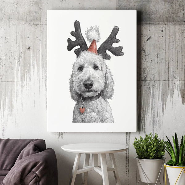Pencil Sketch Dog Canvas Print, Goldendoodle Christmas Canvas Wall Art, Festive Reindeer Pet Wall Decor, Dog Lover Holiday Ca