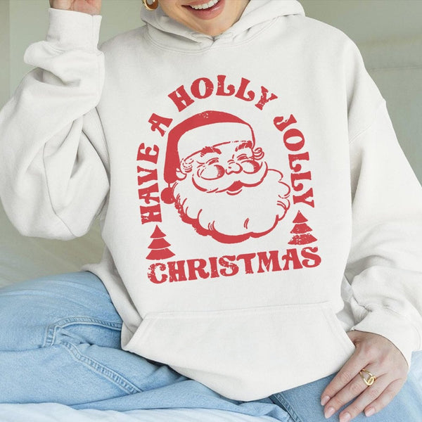Retro Santa Graphic Holiday Sweatshirt, Holly Jolly Christmas Hoodie, Comfy Winter Season Hooded Pullover, Christmas Santa Ho