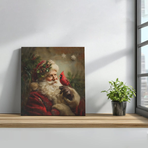 Vintage Christmas Oil Painting Art, Santa Claus Cardinal Bird Square Canvas, Santa Canvas Print, Holiday Wall Art Bird Lover 