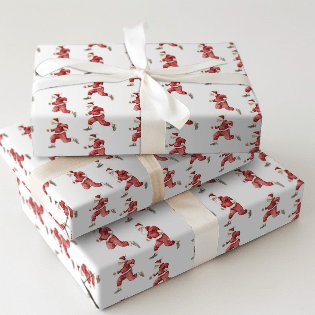 Jogging Claus Gift Wrap, Running Santa Christmas Wrapping Paper, Watercolor Runner Wrapping Paper, Humorous Holiday Fitness W